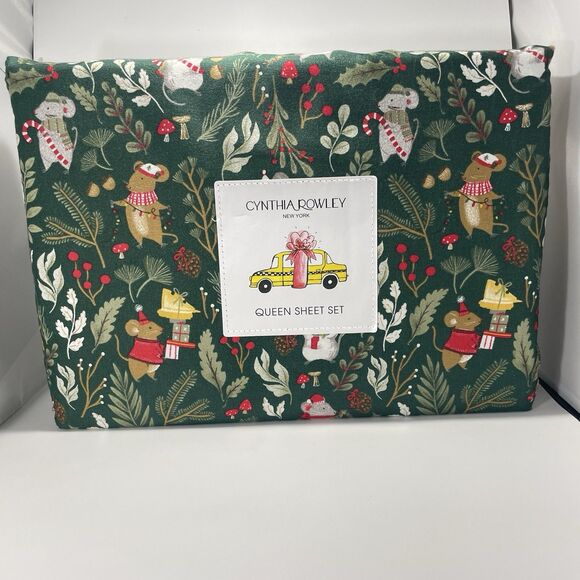 NWT Cynthia Rowley CHRISTMAS MOUSE HOLLY LEAVES DARK Green Queen Size Sheet Set - Picture 1 of 5